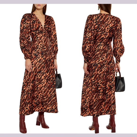 NWT‎ $595 Sandro [ 40 ] Faunie Pintucked Leopard Silk Maxi Dress In Wildcat - Picture 1 of 16